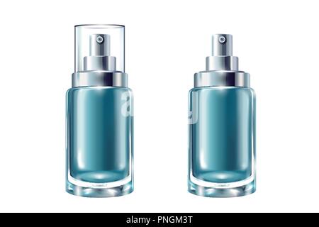 Cosmetici blu i contenitori, bottiglie spray in 3d'illustrazione su sfondo bianco Illustrazione Vettoriale