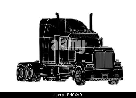 American camion con rimorchio in bianco e nero sketch Illustrazione Vettoriale