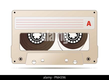 Beige cassetta audio con il nastro magnetico, oggetto vintage isolato su bianco Illustrazione Vettoriale