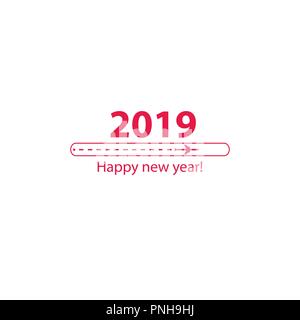 Creative felice anno nuovo 2019 design progressi con barra di caricamento con aereo è in una linea tratteggiata. L'appartamento volante è nero. Il waypoint viene per un viaggio turistico. Traccia su uno sfondo bianco. Illustrazione Vettoriale. Turismo. Viaggiare Illustrazione Vettoriale