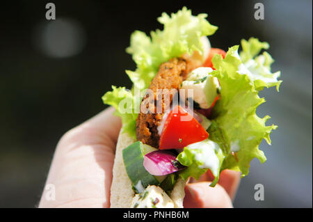 Un giroscopio realizzato da insetti gli hamburger, all'interno di pane pita e su un vassoio in legno Gli insetti hamburger da proteina mealworm tendono ad avere un sapore simile Foto Stock