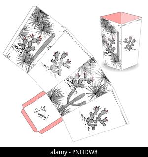 Carino il popcorn box con mano bozzetto cactus, fichidindia e saguaro. Favore, confezione regalo. Basta stampare, tagliare e incollare insieme. Template vettoriale Illustrazione Vettoriale