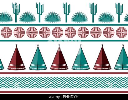 Tribale indiano dello sfondo. Semplice piatto wigwam, cactus, ed ornamento. Modello senza giunture. Design minimalista. Illustrazione dei cartoni animati, vettore Illustrazione Vettoriale