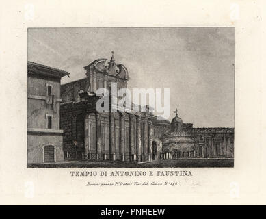 Vista del tempio di Antonino e Faustina, Tempio di Antonino e Faustina, Foro Romano, Roma. Incisione su rame da Pietro Datri la nuova raccolta delle principali vedute di Roma antica e moderna con le rovine della guerra, Roma, 1849. Foto Stock