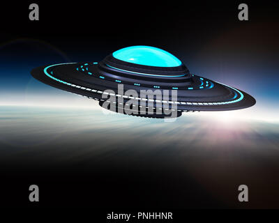 3D rendering metallo ufo o straniero astronave isolato su bianco Foto Stock