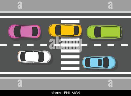 Vista dall'alto di vetture su strada - il traffico su autostrada, vista da sopra Illustrazione Vettoriale