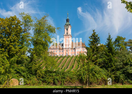 Bel paesaggio di vigneti e alberi che si affaccia su un pellegrinaggio alla Chiesa di Birnau Il Lago di Costanza a fronte di una spettacolare Cielo e nubi Foto Stock