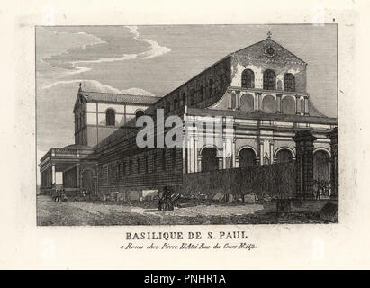 Vista della Basilica di San Paolo fuori le Mura a Roma. Incisione su rame da Pietro Datri la nuova raccolta delle principali vedute di Roma antica e moderna con le rovine della guerra, Roma, 1849. Foto Stock