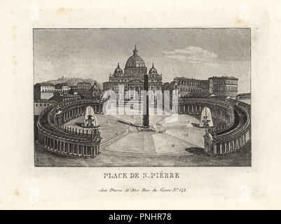 Vista di Piazza San Pietro e Piazza San Pietro, con il suo antico obelisco egiziano e la Basilica di San Pietro, Roma, 1849. Incisione su rame da Pietro Datri la nuova raccolta delle principali vedute di Roma antica e moderna con le rovine della guerra, Roma, 1849. Foto Stock