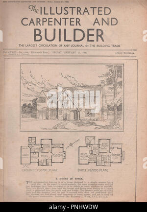 Il Vintage illustrato falegname e Builder magazine datato 17 gennaio 1936 un settimanale popolare edilizia magazine pubblicato per la prima volta nel 1877 e corse a 1971. La figura mostra una simulazione di tudor home in Essex dalla metà degli anni trenta insieme con planimetrie dell'architetto Raymond J. Ward Foto Stock