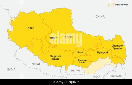 Il tibet politica e amministrativa di mappa vettoriale con contestato aree di confine. Illustrazione Vettoriale