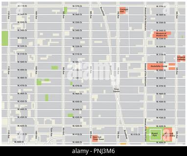 New York City, il quartiere del teatro, Midtown Manhattan mappa vettoriale. Illustrazione Vettoriale