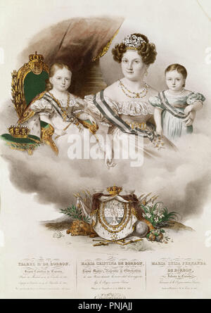 LA REINA REGENTE MARIA CRISTINA CON SUS HIJAS LA REINA ISABEL II Y LA INFANTA MARIA LUISA FERNANDA - GRABADO COLOREADO - SIGLO XIX. Posizione: Museo de Historia-GRABADOS COLOREADOS. MADRID. Spagna. Foto Stock