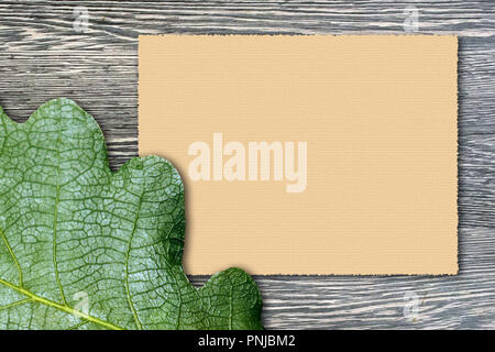 Biglietto di auguri Modello, verde foglia di quercia e svuotare il foglio di carta goffrata su grigio asse di legno. Può essere utilizzato come sfondo Foto Stock