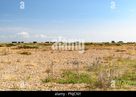 Il paesaggio unico di Dungeness nel Kent. In Inghilterra. Il 31 agosto 2018 Foto Stock