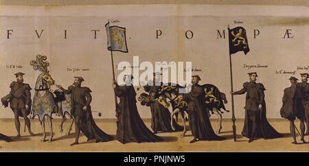 DESFILE DE NOBILI FLAMENCOS EN EL FUNERALE DE CARLOS V - 1558. Autore: DOETECUM JEAN LUCAS Y. Posizione: Biblioteca Reale ALBERTO I. Brüssel. Belgien. Foto Stock