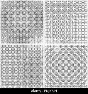 Quattro differenti senza cuciture ornamentali in modelli di griglia in un unico file raccolti, in bianco e nero del disegno a mano illustrazione vettoriale Illustrazione Vettoriale