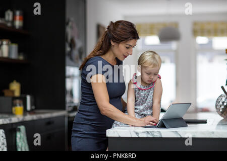 Donna incinta che lavora da casa Foto Stock