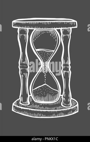 Illustrazione della clessidra, disegno, incisione, inchiostro, line art, il vettore. Isolato su nero Illustrazione Vettoriale