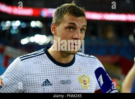 Trabzon, Turchia - 7 settembre, 2018. Attaccante russo Artem Dzyuba dopo la UEFA Nazioni League match vs Turchia Russia a Trabzon. Foto Stock