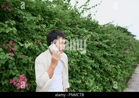 Bel giovane a parlare al telefono mentre si cammina sulla strada Foto Stock