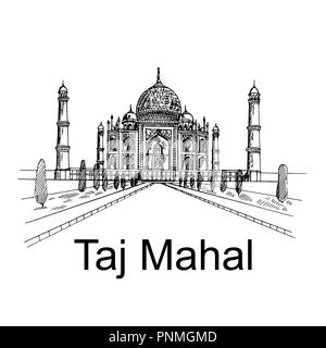 Disegnato a mano stile sketch Taj Mahal mausoleo isolati su sfondo bianco. Illustrazione Vettoriale. Illustrazione Vettoriale