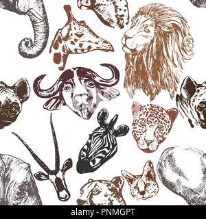 Modello senza giunture di mano colorati bozzetto stile africano animali isolati su sfondo bianco. Illustrazione Vettoriale. Illustrazione Vettoriale