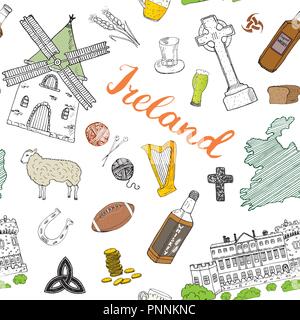 L'Irlanda schizzo scarabocchi Seamless Pattern. Elementi irlandese con la bandiera e la Mappa di Irlanda, Croce celtica, Castello, Shamrock, arpa celtica, Mill e pecore, Whi Illustrazione Vettoriale