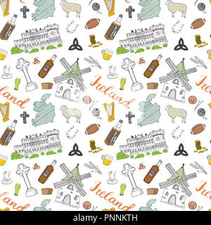 L'Irlanda schizzo scarabocchi Seamless Pattern. Elementi irlandese con la bandiera e la Mappa di Irlanda, Croce celtica, Castello, Shamrock, arpa celtica, Mill e pecore, Whi Illustrazione Vettoriale