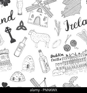 L'Irlanda schizzo scarabocchi Seamless Pattern. Elementi irlandese con la bandiera e la Mappa di Irlanda, Croce celtica, Castello, Shamrock, arpa celtica, Mill e pecore, Whi Illustrazione Vettoriale