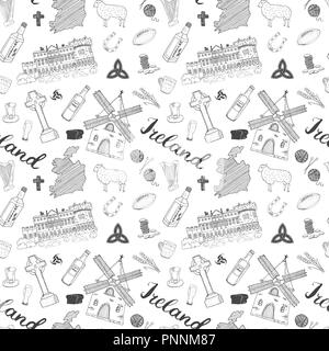 L'Irlanda schizzo scarabocchi Seamless Pattern. Elementi irlandese con la bandiera e la Mappa di Irlanda, Croce celtica, Castello, Shamrock, arpa celtica, Mill e pecore, Whi Illustrazione Vettoriale