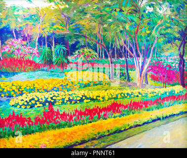 Originale orizzontale la pittura ad olio su tela Il colore del fiore di salvia e fiori colorati in strada e della luce del sole in giardino sfondo verde foresta e Foto Stock