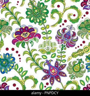 Disegnata a mano fiore seamless pattern. Colorato modello senza cuciture con fantasia fiori e foglie. Doodle stile. Perfetto per i tessili, design di copertura. Illustrazione Vettoriale