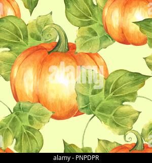 Orange zucche e foglie. Modello di perfetta illustrazione ad acquerello Foto Stock