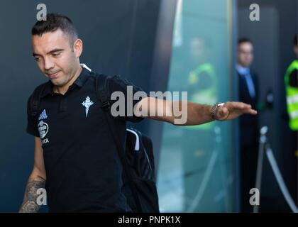 Vigo, Spagna. 22 settembre 2018. Prima spagnolo league football match Celta de Vigo vs Valladolid. Celta di avanti Iago Aspas arriva al Balaidos stadium di Vigo, il 22 settembre 2018 prima del Celta vs Valladolid partita di calcio. Â© Rodriguez Alen Cordon Premere Credito: CORDON PREMERE/Alamy Live News Foto Stock