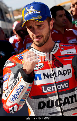 Andrea Dovizioso (4) d'Italia e il Team Ducati al secondo posto durante le qualifiche per il Gran Premio Movistar de Aragon del Campionato del Mondo di MotoGP al Motorland Aragon circuito su Settembre 22, 2018 a Alcaniz, Spagna. Foto Stock