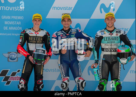 Il 22 settembre 2018, Ciudad del Motor de Aragon, Alcaniz in Spagna; il motociclismo MotoGP di Aragon, qualifica; la prima fila di Moto3: (da L a R) Jaume Masia (Bester al numero capitale Dubai) Jorge Martin (del conca Team Gresini) Enea Bastianini (Leopard Racing) Foto Stock