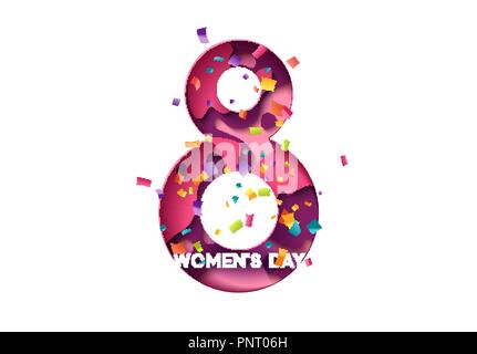 Felice Womens giorno, Marzo 8 biglietto di auguri. Lettera di design in stile moderno papercut multi strati di colore Illustrazione Vettoriale
