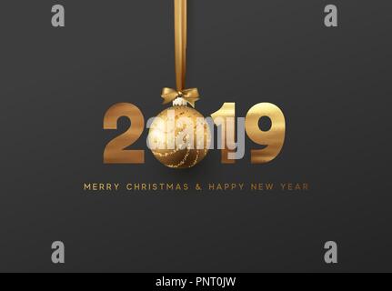 Oro vettore 2019 Buon Natale e felice anno nuovo bigliettino. Illustrazione Vettoriale