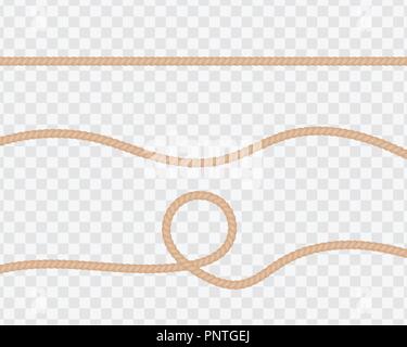 Insieme di funi realistica o stringhe, dritto e ritorto. Naturali linee ritorto con boccole isolate su uno sfondo trasparente. Vettore Illustrazione Vettoriale