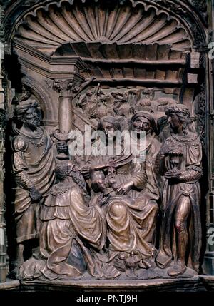 ADORACION DE LOS REYES - 1512-1518 - DETALLE DEL RETABLO DE LA BASILICA DEL PILAR DE ZARAGOZA - RENACIMIENTO ESPAÑOL. Autore: FORMENT DAMIAN. Posizione: BASILICA DEL PILAR. Saragozza. Saragozza Zaragoza. Spagna. Foto Stock