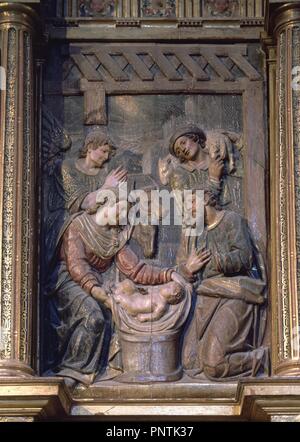 DETALLE DEL RETABLO MAYOR DE LA IGLESIA del Monasterio de San Jeronimo - NACIMIENTO - siglo XVI - MANIERISMO ESPAÑOL. Autore: VAZQUEZ Juan Bautista EL MOZO. Posizione: ST. Girolamo monastero. GRANADA. Spagna. Foto Stock