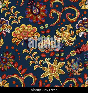 Disegnata a mano fiore seamless pattern. Colorato modello senza cuciture con fantasia fiori e foglie. Doodle stile. Perfetto per i tessili, design di copertura. Illustrazione Vettoriale