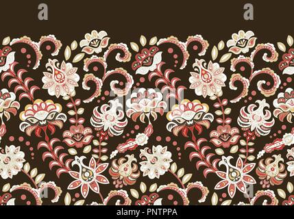 Motivi artigianali - senza cuciture bordo floreale con fiori stilizzati. Vettore orizzontale fringe. Vimous bianco su marrone. Illustrazione Vettoriale