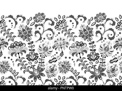 Motivi artigianali - senza cuciture bordo floreale con fiori stilizzati. Vettore orizzontale fringe. Il bianco e il nero. Due colori stampare Illustrazione Vettoriale
