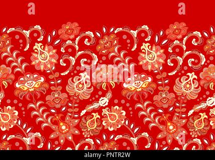 Motivi artigianali - senza cuciture bordo floreale con fiori stilizzati. Vettore orizzontale fringe. Rosso Illustrazione Vettoriale