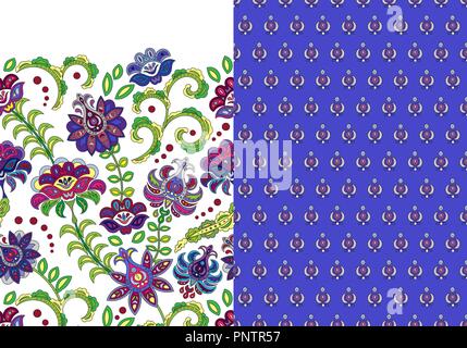 Set di senza giunture orizzontali motivo floreale e orizzontale fiori di fantasia di confine. Disegnata a mano la texture per i vestiti, biancheria, tessuto del vestito ecc. Blu Verde Illustrazione Vettoriale