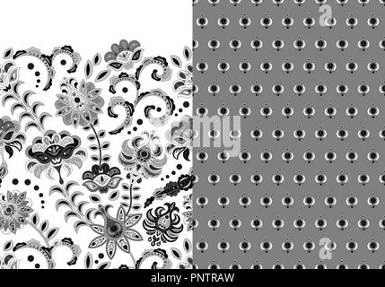 Set di due orizzontali seamless motivo floreale con paisley e fantasia fiori confine. Disegnata a mano la texture per i vestiti, biancheria, tessuto del vestito ecc. In bianco e nero Illustrazione Vettoriale