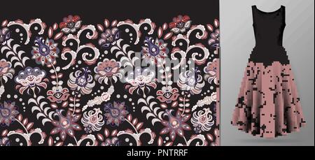 Vettore modello senza cuciture con tonalità pastello fiori pnk ornamento su sfondo nero, disegnati a mano la texture per i vestiti, biancheria, invito card design ecc. Illustrazione Vettoriale