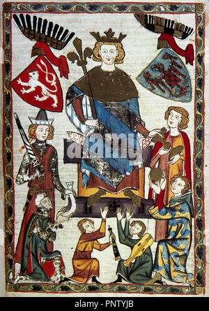 Venceslao II , re di Boemia (1278-1305) e il re di Polonia (1300-1305). L'imperatore affiancato da stemmi di Boemia e Moravia. Fol.10r. Miniatura. Codex Manesse, 1304-1340. Prodotte in Zurigo, per famiglia Manesse. Medio alto tedesco Minnesang poesia. Università di Heidelberg, Germania. Foto Stock